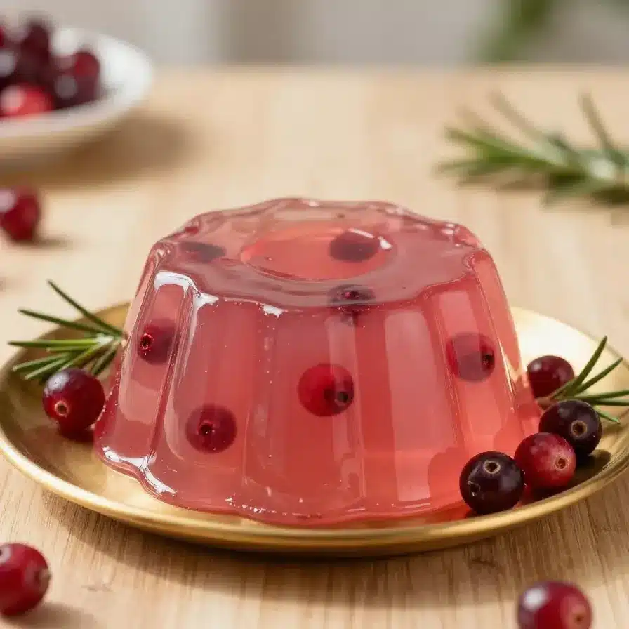 A vibrant bowl of festive cranberry gelatin delight garnished with fresh mint leaves and orange slices.