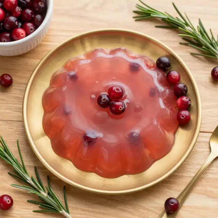 Festive Cranberry Gelatin Delight 2 A vibrant bowl of festive cranberry gelatin delight garnished with fresh mint leaves and orange slices.