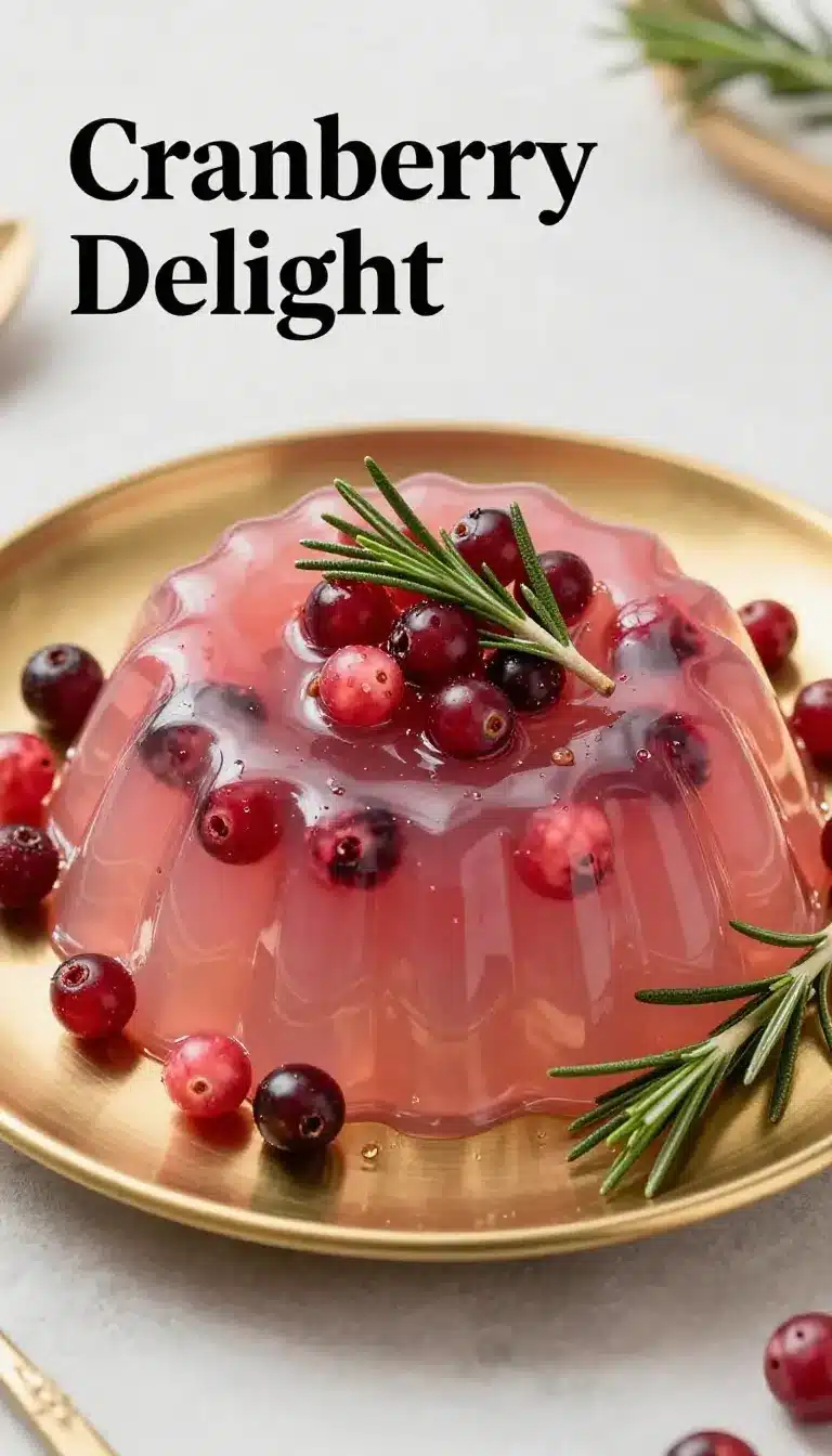 Festive Cranberry Gelatin Delight 5 A vibrant bowl of festive cranberry gelatin delight garnished with fresh mint leaves and orange slices.