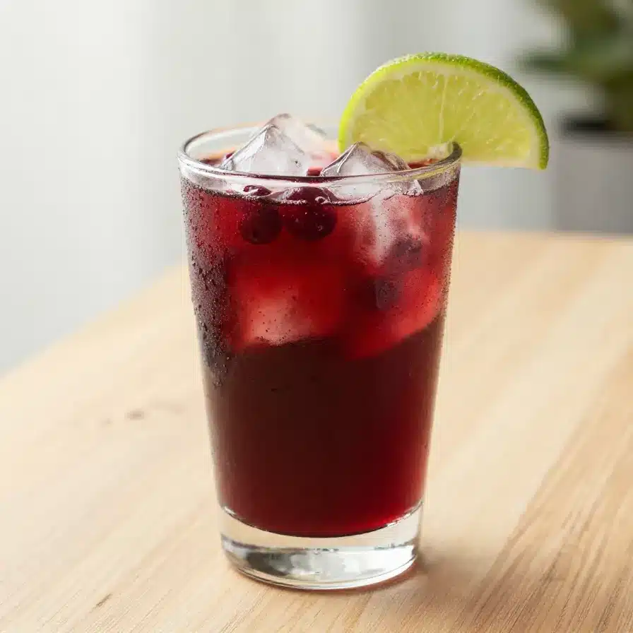 A refreshing drink called Holly Jolly Refresher in a festive glass with mint leaves and cranberries