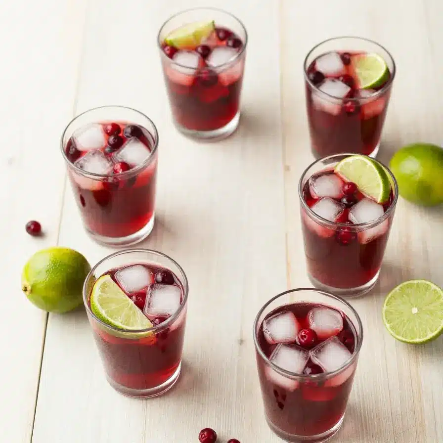 Holly Jolly Refresher 2 A refreshing drink called Holly Jolly Refresher in a festive glass with mint leaves and cranberries