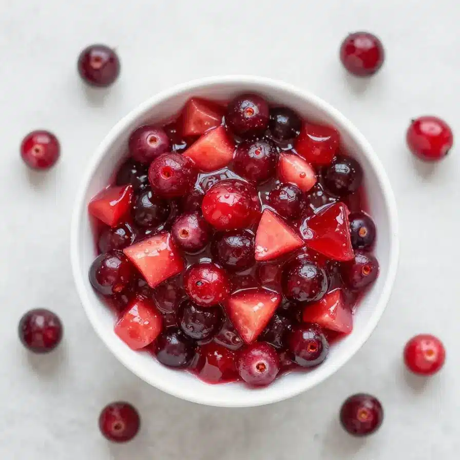 A vibrant bowl of apple cinnamon cranberry jello topped with fresh cranberries and apple slices