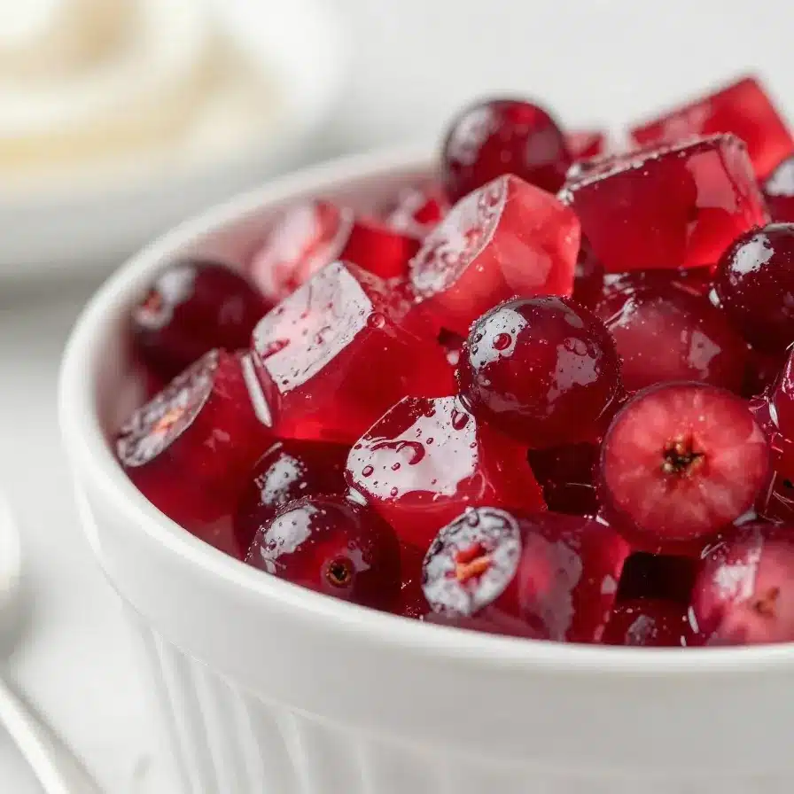 A vibrant bowl of apple cinnamon cranberry jello topped with fresh cranberries and apple slices