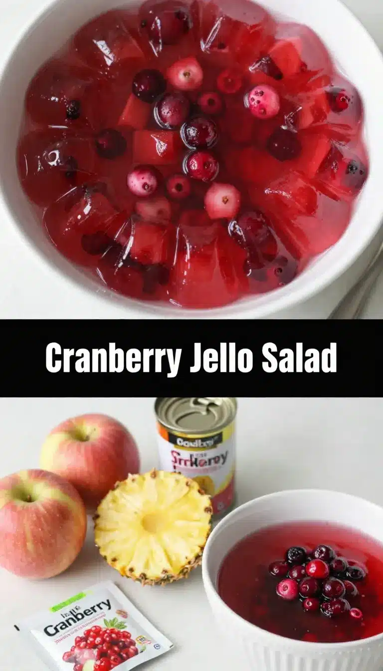 A vibrant bowl of apple cinnamon cranberry jello topped with fresh cranberries and apple slices