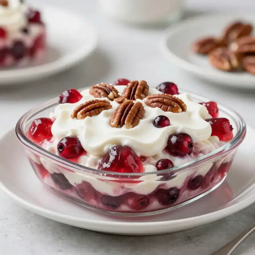 A vibrant lemon-cranberry frosted jello treat served on a white plate with a slice of lemon and fresh cranberries.