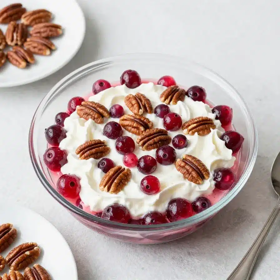 A vibrant lemon-cranberry frosted jello treat served on a white plate with a slice of lemon and fresh cranberries.