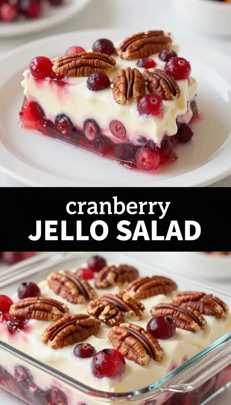 A vibrant lemon-cranberry frosted jello treat served on a white plate with a slice of lemon and fresh cranberries.