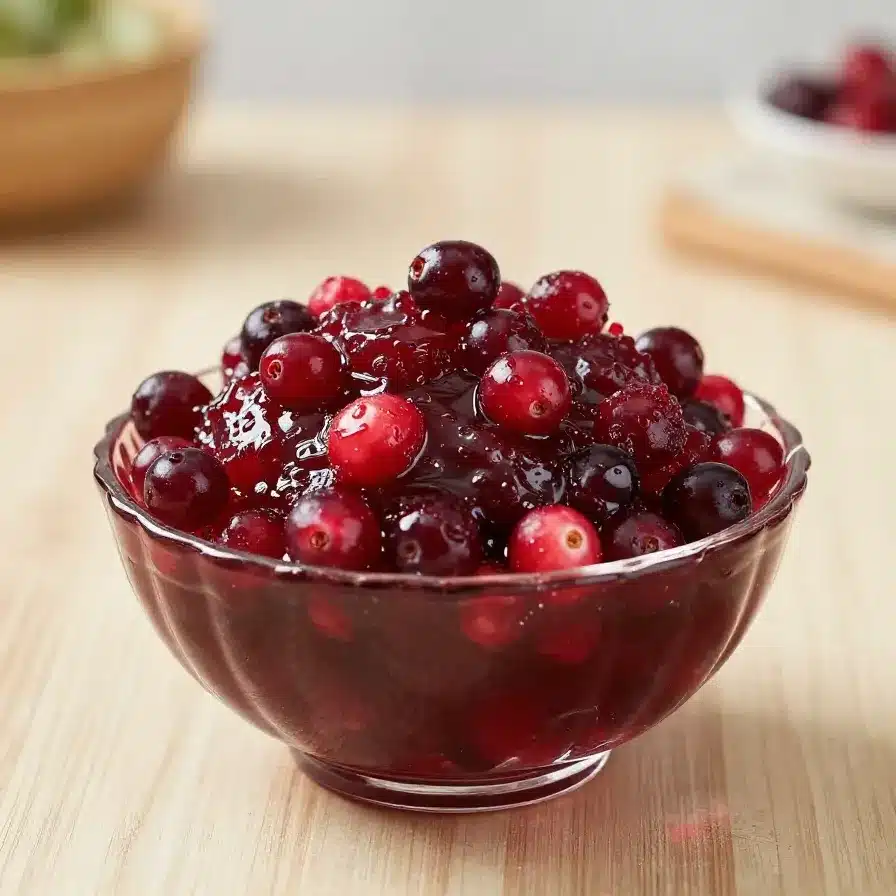 A bowl of homemade cranberry applesauce garnished with fresh cranberries and apple slices