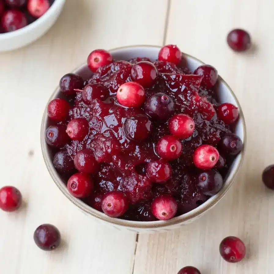 A bowl of homemade cranberry applesauce garnished with fresh cranberries and apple slices