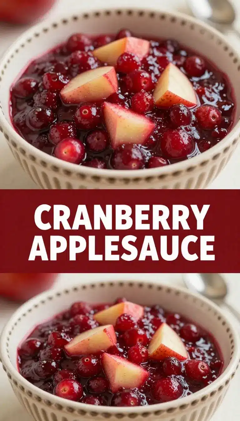 A bowl of homemade cranberry applesauce garnished with fresh cranberries and apple slices