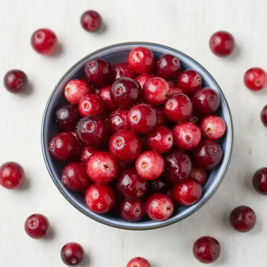 A colorful display of five delicious cranberry dishes on a wooden table