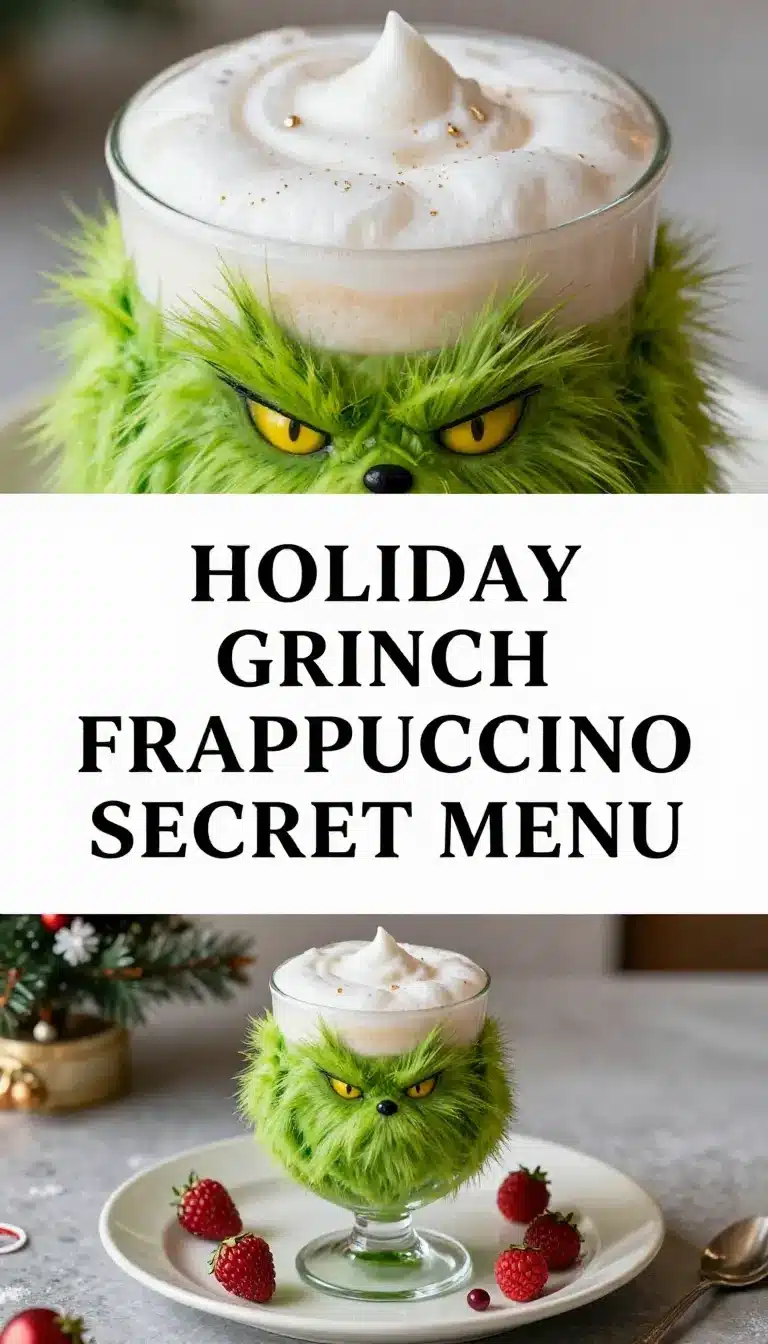 A vibrant green Grinch Frappuccino topped with whipped cream and festive red sprinkles in a clear cup